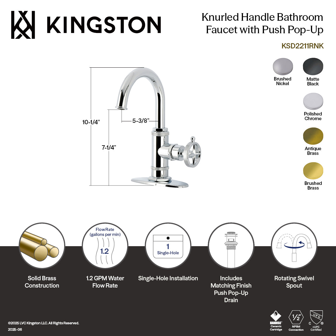 Kingston Sona KSD2218RNK - Levante One-Handle 1-Hole Bathroom Faucet with Deck Plate and Push Pop-Up Drain, Brushed Nickel — thumbnail 2